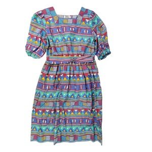 LIBERTY LONDON Vintage Southwestern Aztec 90's Dress Square Neck Puff Sleeve